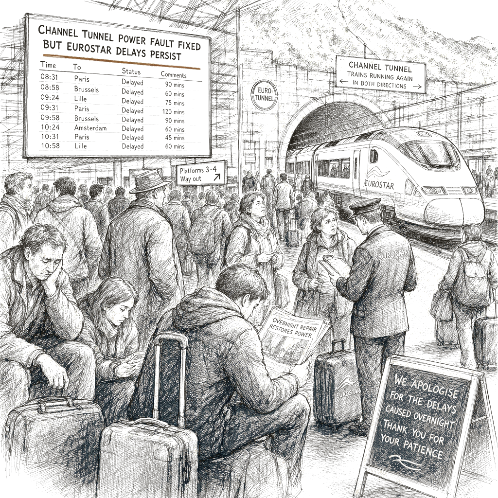 Illustration accompanying article: Channel Tunnel power fault fixed, but Eurostar delays persist after chaos