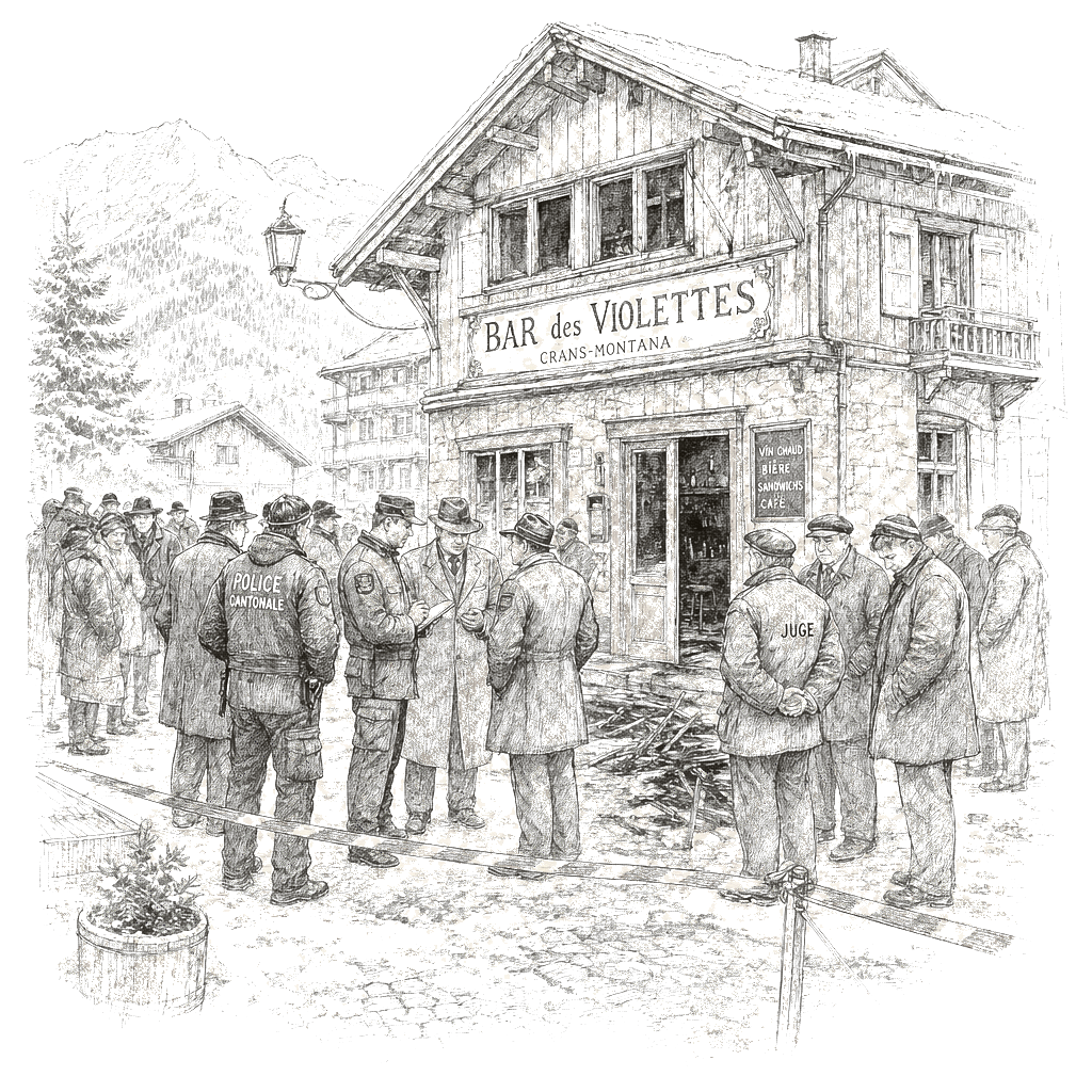 Illustration accompanying article: Investigation opened into Swiss bar managers after New Year’s fire kills 40