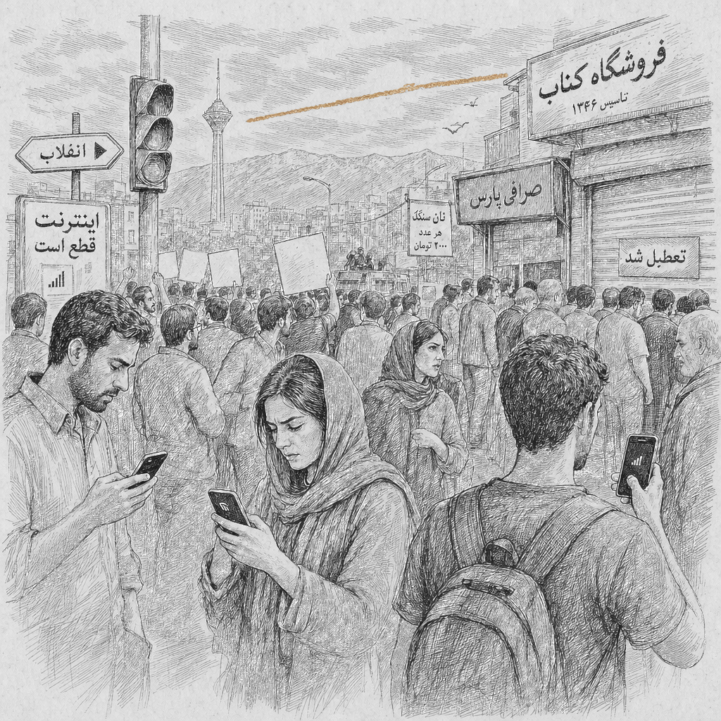 Illustration accompanying article: What to know about protests shaking Iran as internet is shut down