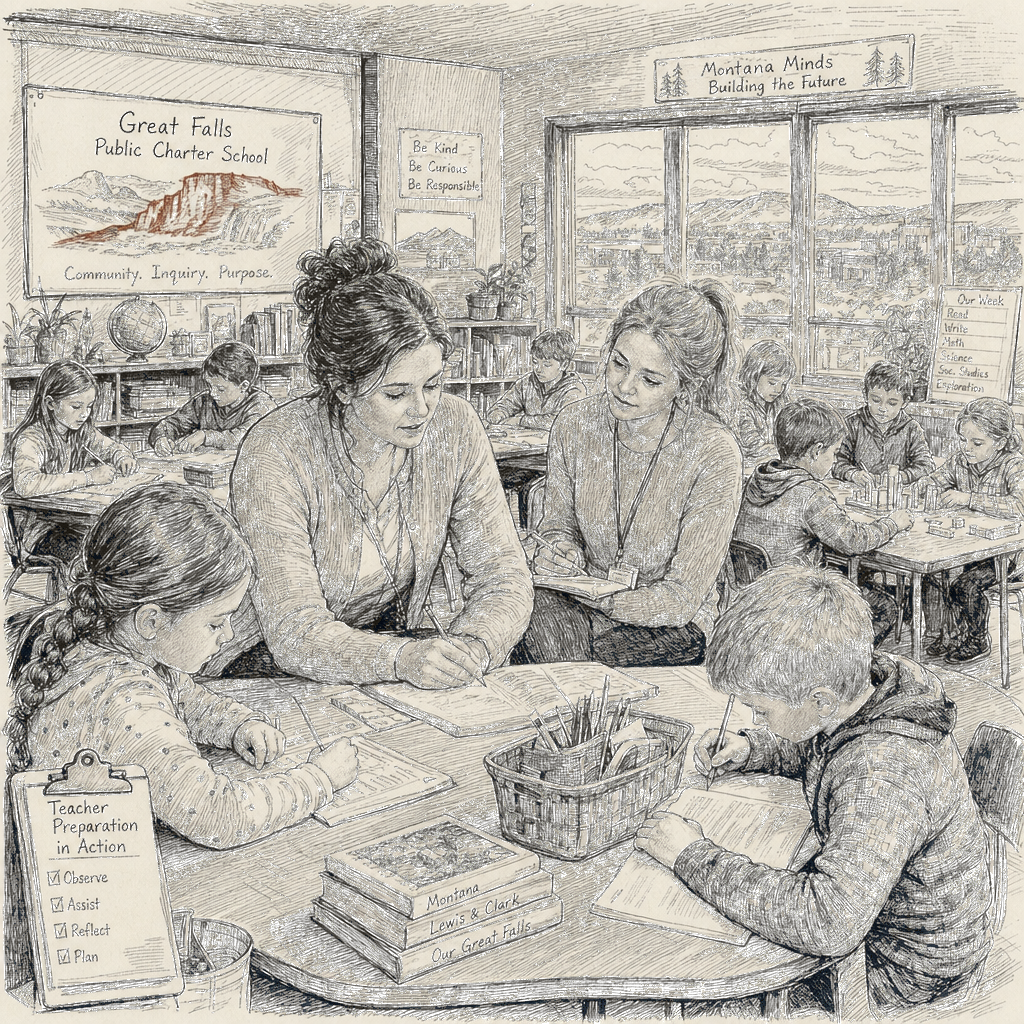 Illustration accompanying article: Montana charter school embeds college teacher training in elementary classrooms
