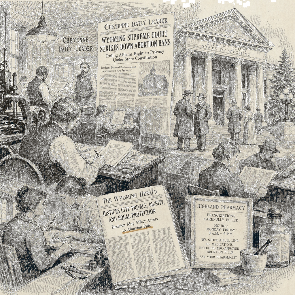 Illustration accompanying article: Wyoming Supreme Court strikes down abortion bans, including first US pill