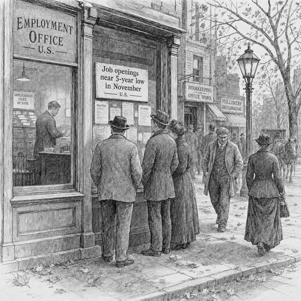 Illustration accompanying article: Job openings near 5-year low in November as low-hire, low-fire market persists