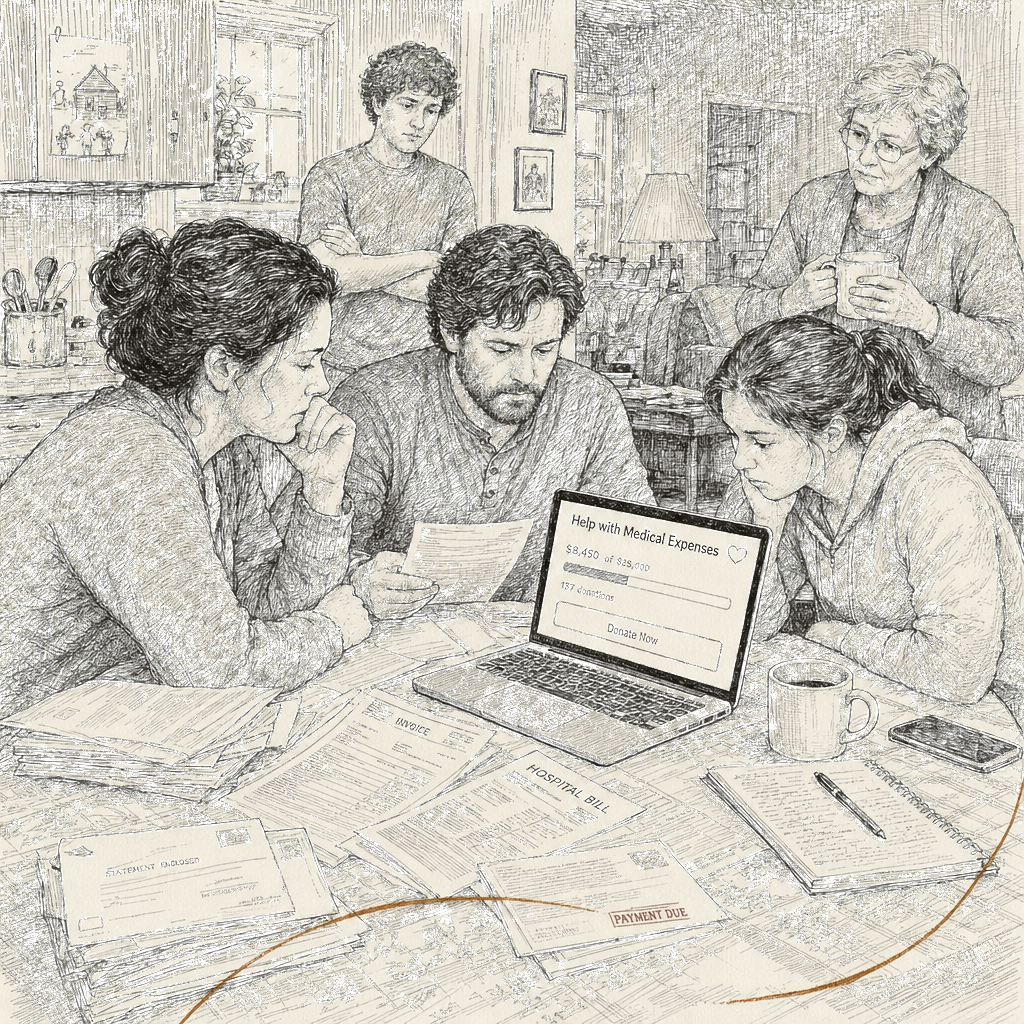 Illustration accompanying article: Medical bills top crowdfunding causes as poll finds Americans skeptical