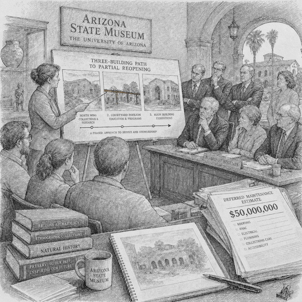 Illustration accompanying article: Arizona State Museum charts three-building path as regents stall $50M repair