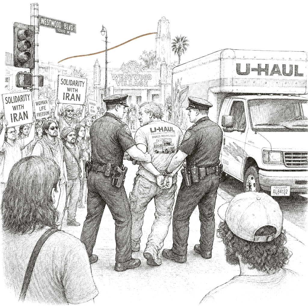 Illustration accompanying article: LA police arrest man after U-Haul steers toward Iran solidarity protest