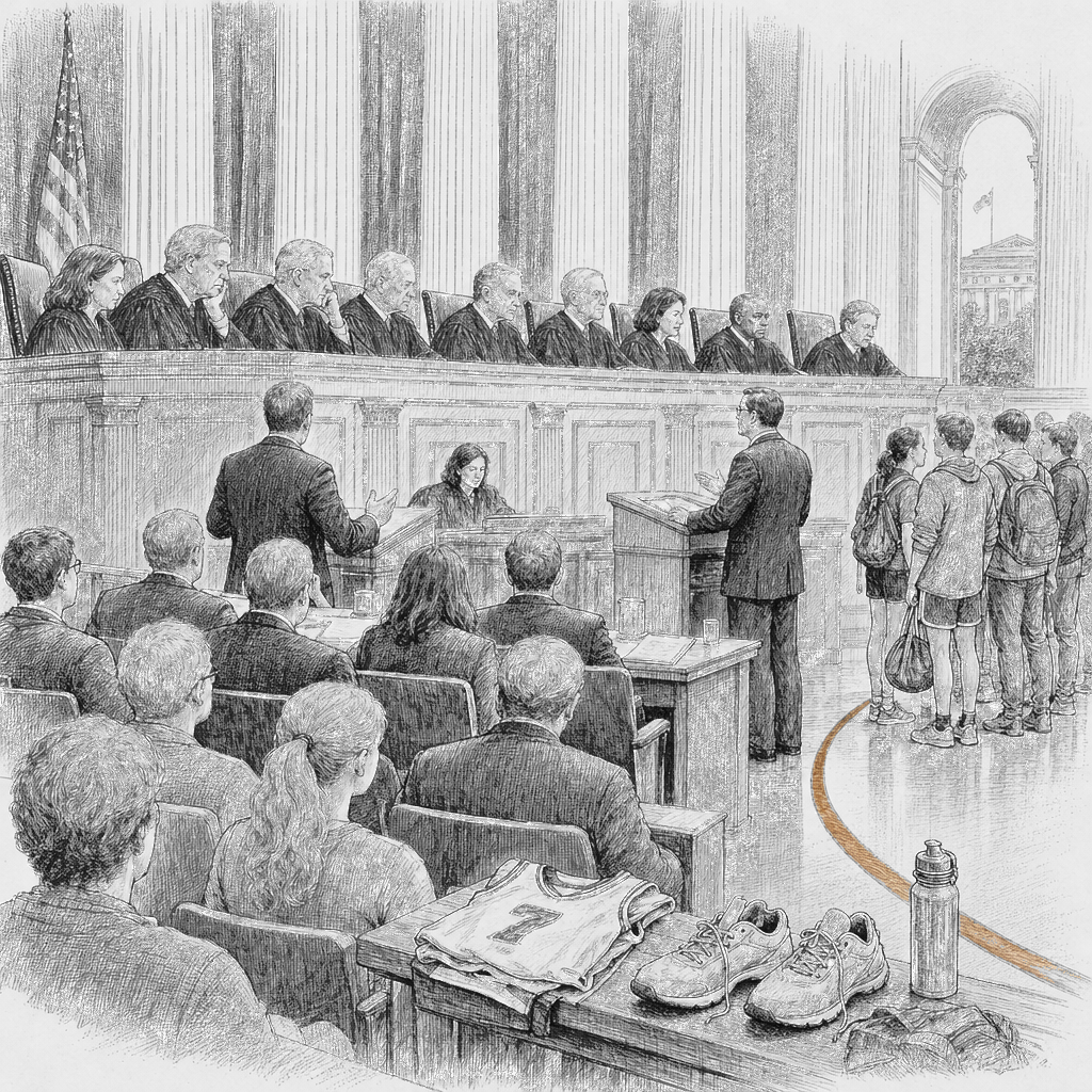 Illustration accompanying article: Supreme Court appears set to uphold state bans on transgender athletes