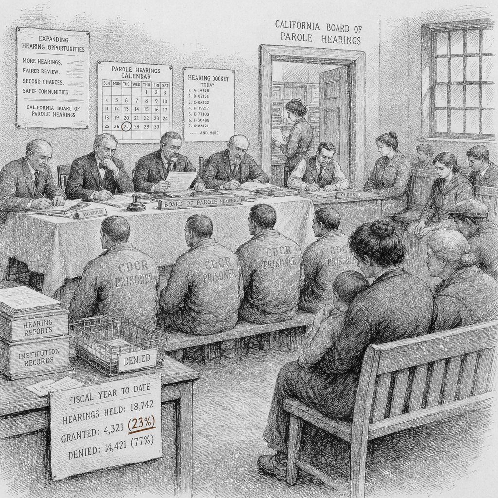Illustration accompanying article: California parole grant rate falls below 25% as hearing opportunities expand