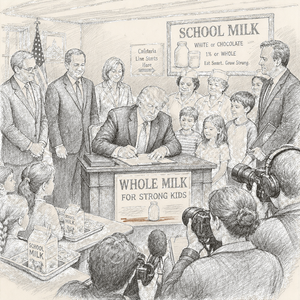 Illustration accompanying article: Trump signs law returning whole milk to school cafeterias