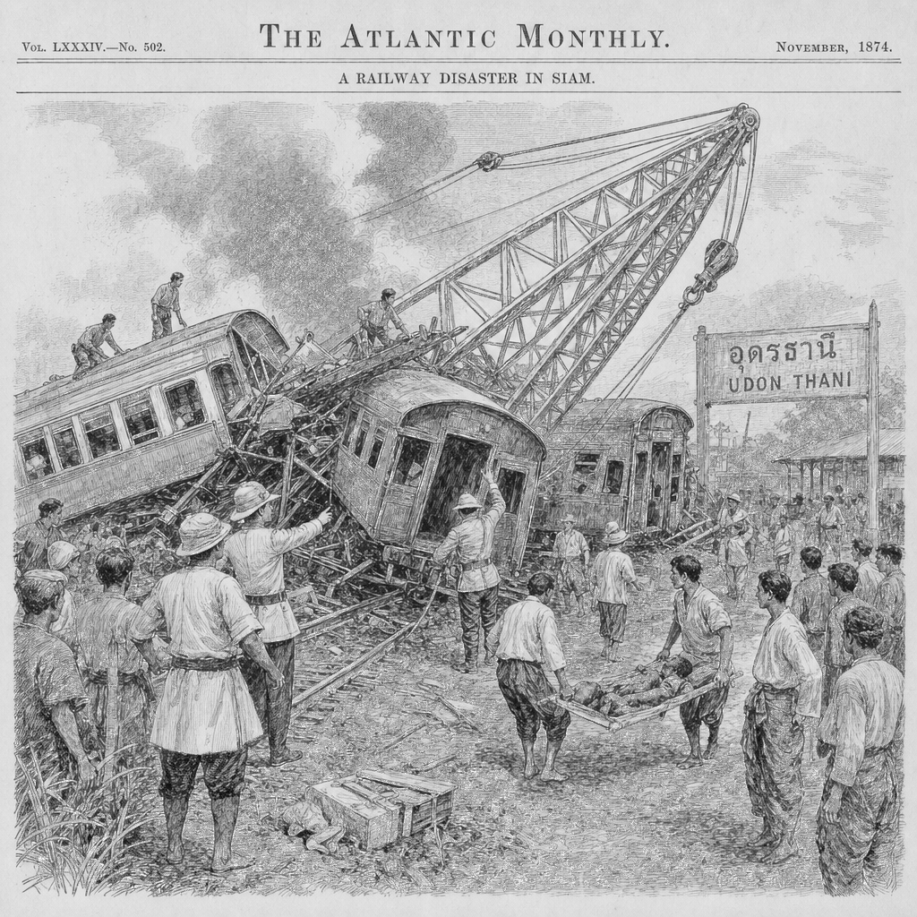 Illustration accompanying article: Construction crane hits train in Thailand, killing at least 32