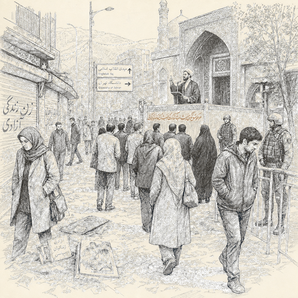 Illustration accompanying article: Prayer leader in Iran calls for executions over protests as Trump signals restraint