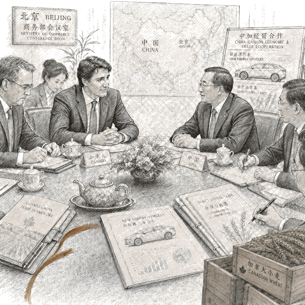 Illustration accompanying article: Canada agrees to cut EV tariffs in deal with China after talks in Beijing