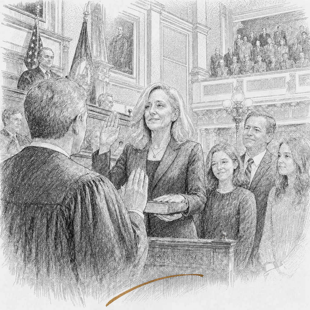 Illustration accompanying article: Abigail Spanberger sworn in as Virginia’s first female governor