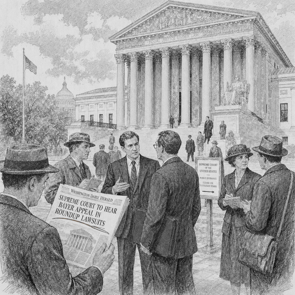Illustration accompanying article: Supreme Court to hear Bayer appeal over Roundup cancer warning lawsuits
