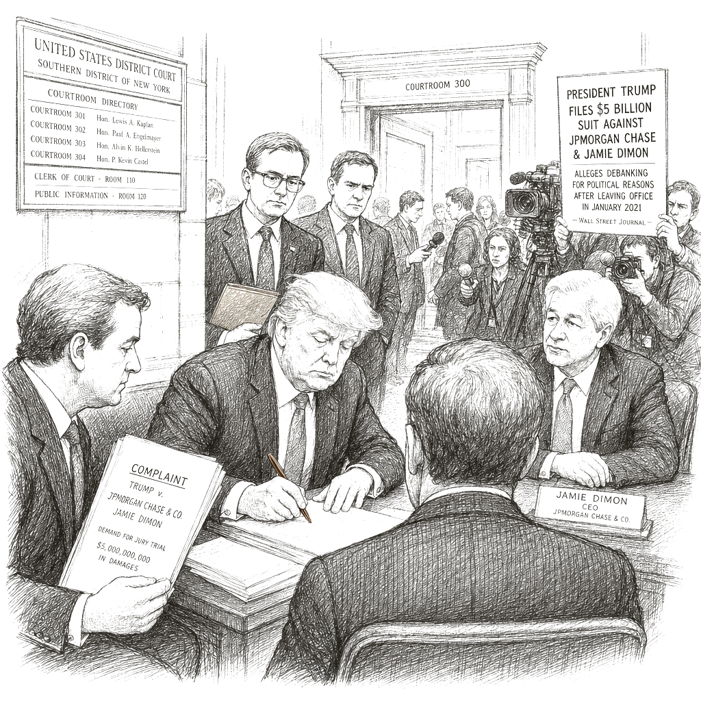 Illustration accompanying article: Trump sues JPMorgan for $5B, alleging debanking over political reasons