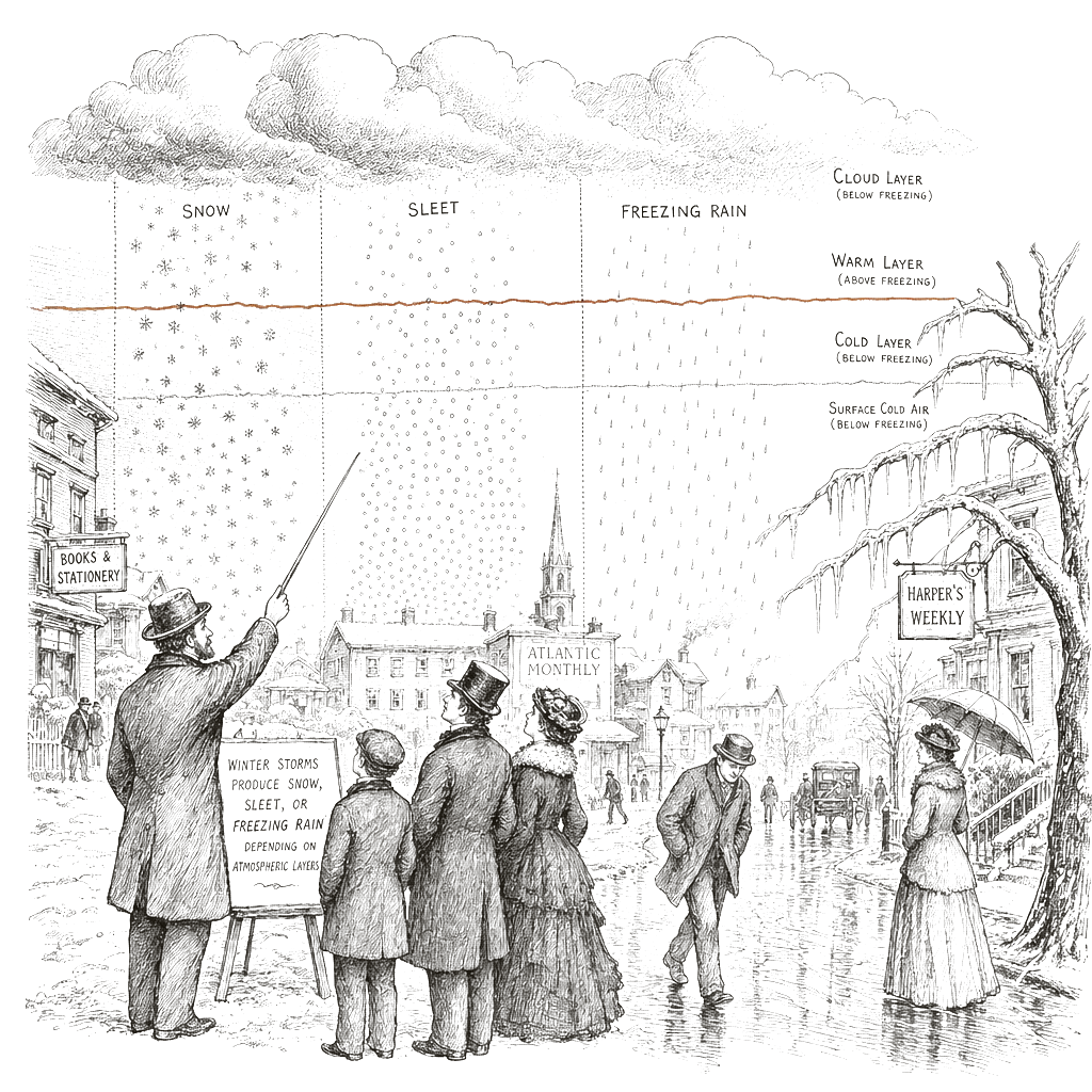 Illustration accompanying article: Winter storms produce snow, sleet, or freezing rain based on atmospheric layers