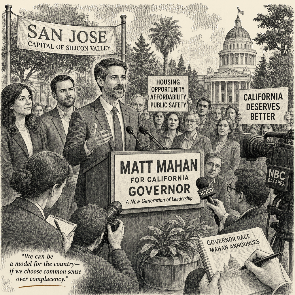 Illustration accompanying article: San Jose mayor, a frequent Newsom critic, enters California governor race