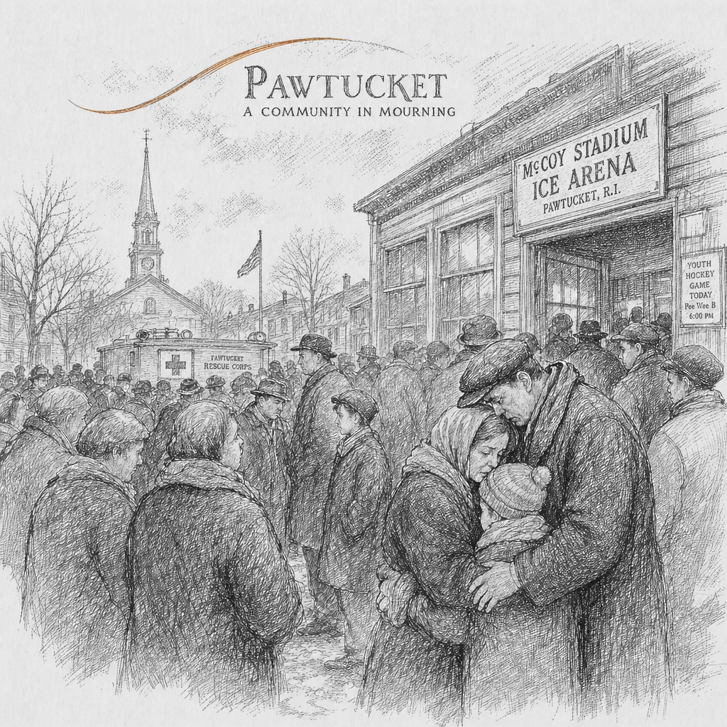 Illustration accompanying article: Grandfather dies after Rhode Island ice rink shooting claims third victim