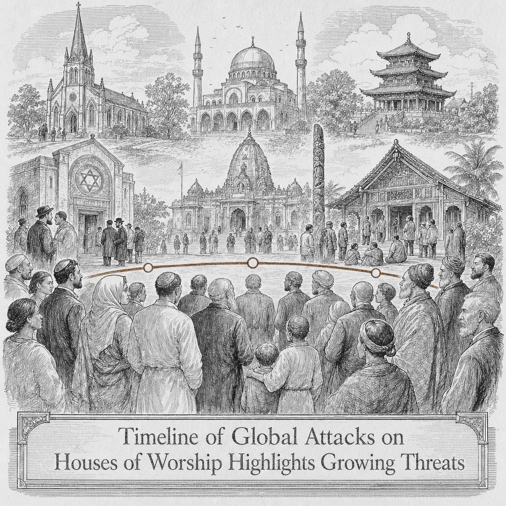 Illustration accompanying article: Timeline of Global Attacks on Houses of