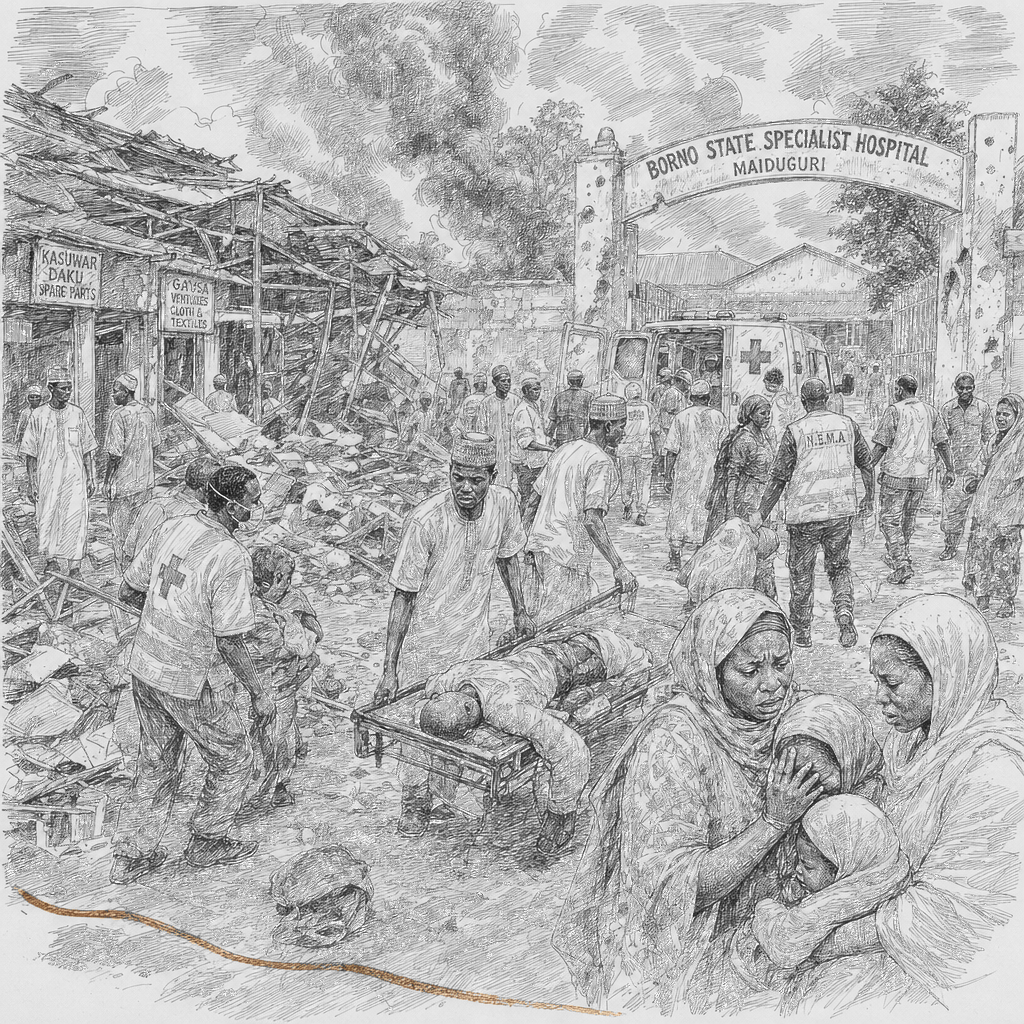 Illustration accompanying article: Bombs hit markets and hospital entrance in Nigeria’s Borno, officials say