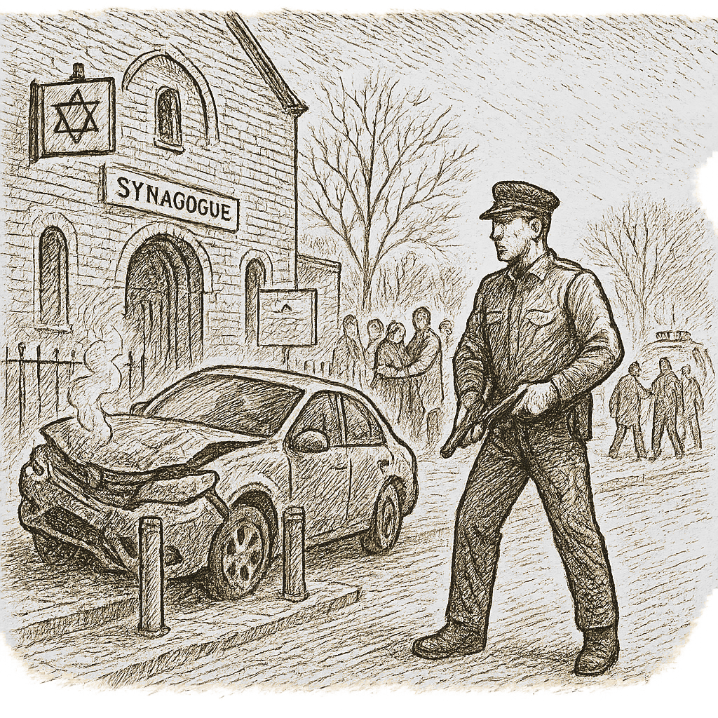 Illustration accompanying article: Michigan synagogue strengthened its security before attacker drove in