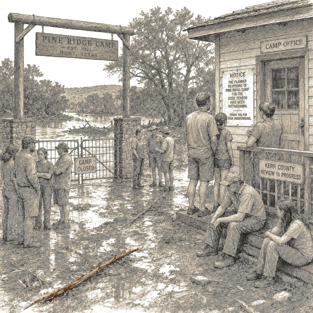 Illustration accompanying article: Camp Mystic withdraws reopening plan after Texas flood killed 27