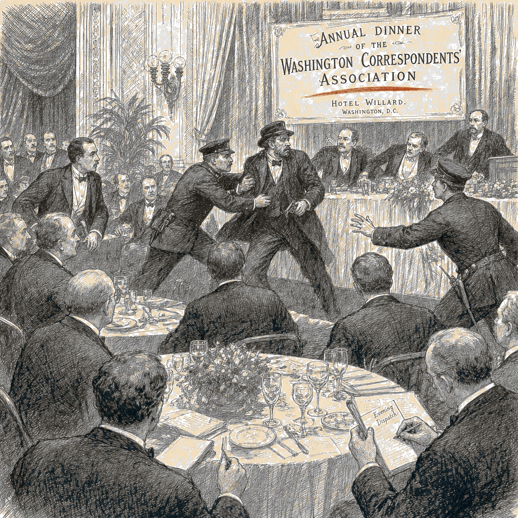 Illustration accompanying article: Prosecutors release video of Trump assassination attempt at correspondents’ dinner