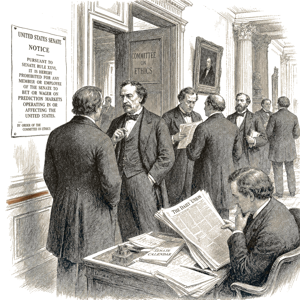 Illustration accompanying article: Senate bans members and staff from betting on prediction markets