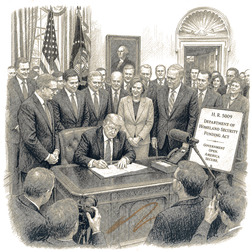 Illustration accompanying article: Trump Signs DHS Funding Bill, Ending Record Shutdown