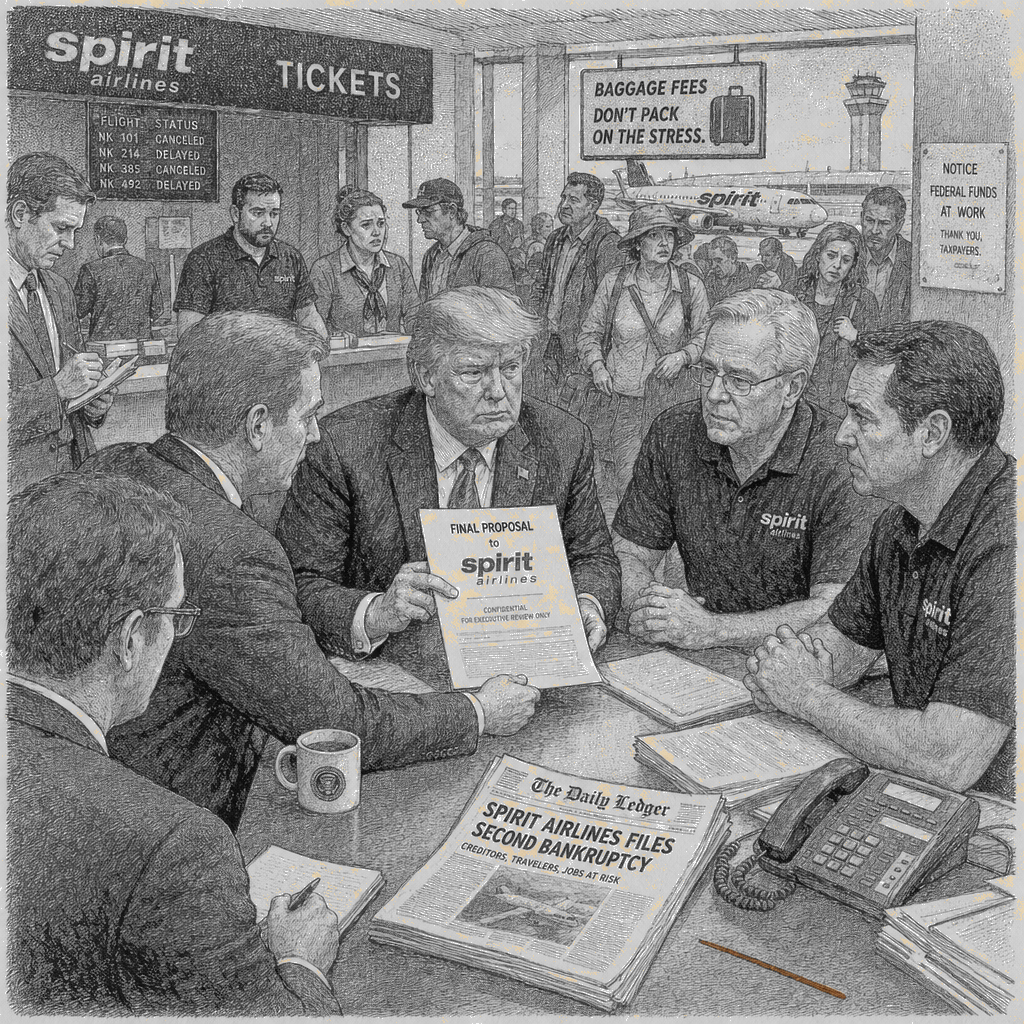Illustration accompanying article: Trump administration weighs taxpayer-funded bailout of Spirit Airlines