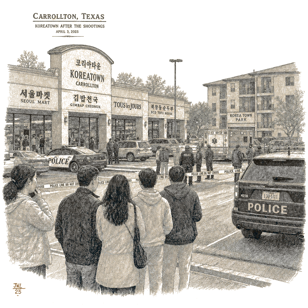 Illustration accompanying article: Gunman kills 2, injures 3 in back-to-back shootings at Texas Koreatown, police say