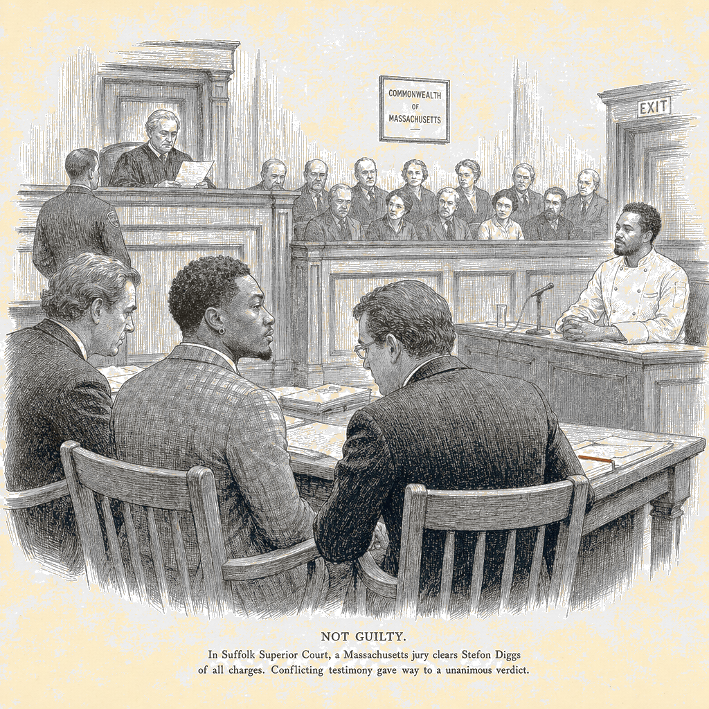 Illustration accompanying article: Stefon Diggs found not guilty of assaulting personal chef after two-day trial