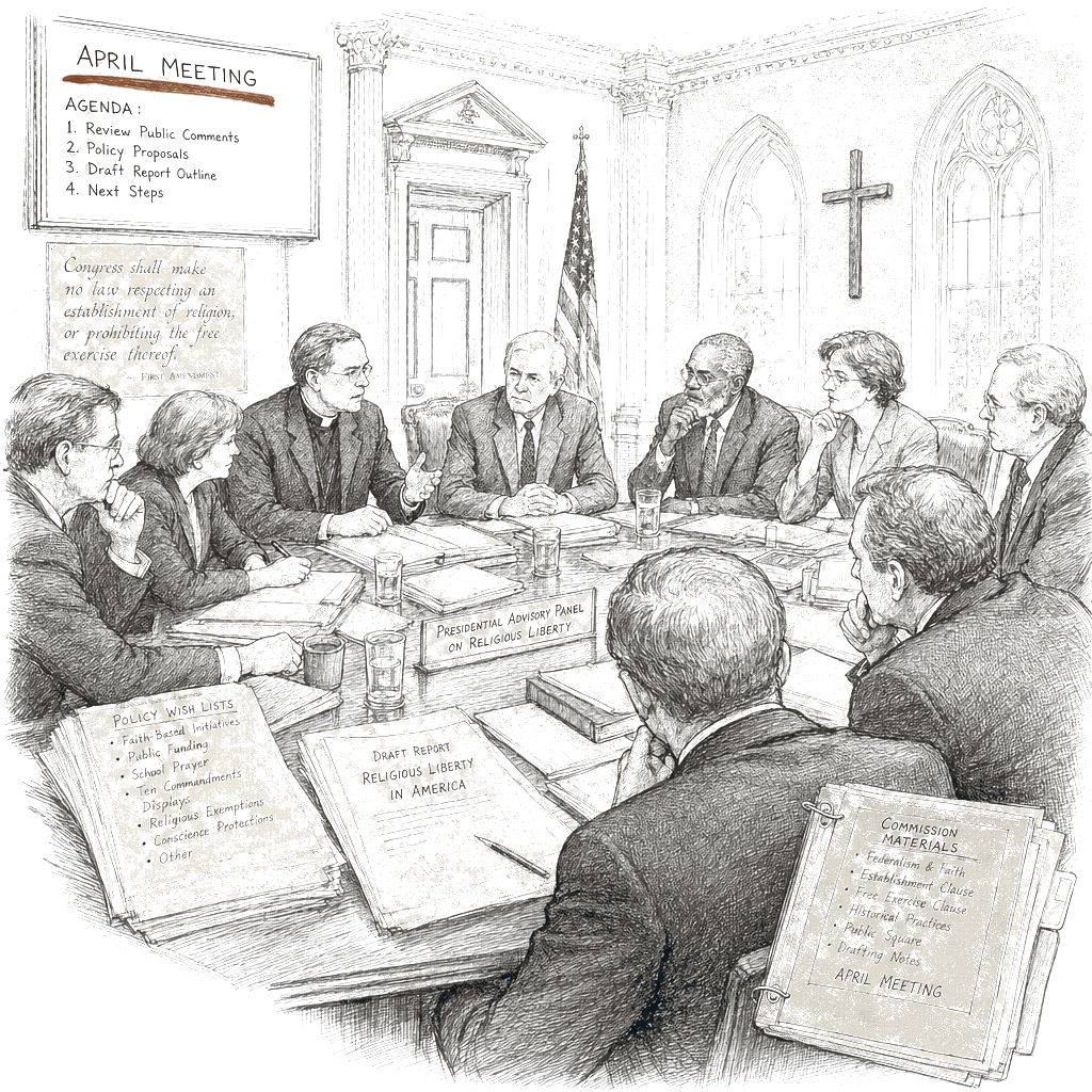 Illustration accompanying article: Trump’s religious liberty panel weighs