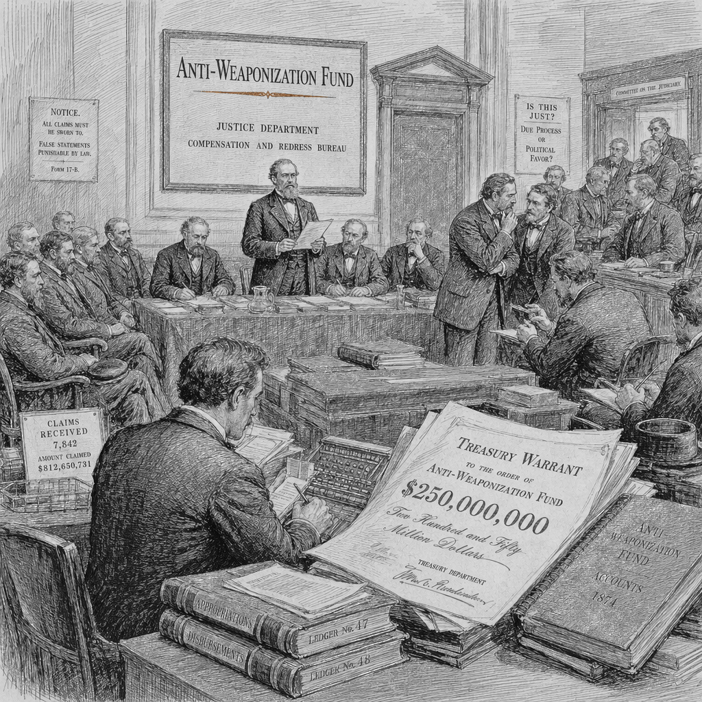 Illustration accompanying article: DOJ creates $1.8 billion “Anti‑Weaponization” fund for Trump allies, Democrats decry…