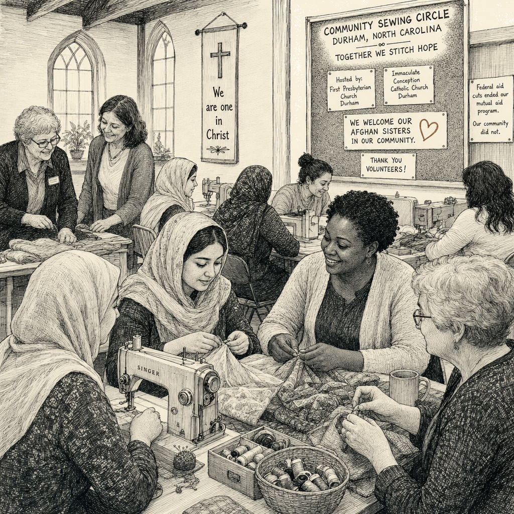 Illustration accompanying article: North Carolina congregations host sewing circle for Afghan refugees after federal aid cuts