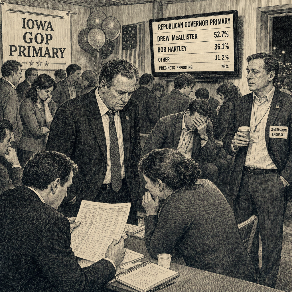 Illustration accompanying article: Feenstra loses Iowa GOP governor primary, dealing rare blow to Trump endorsements