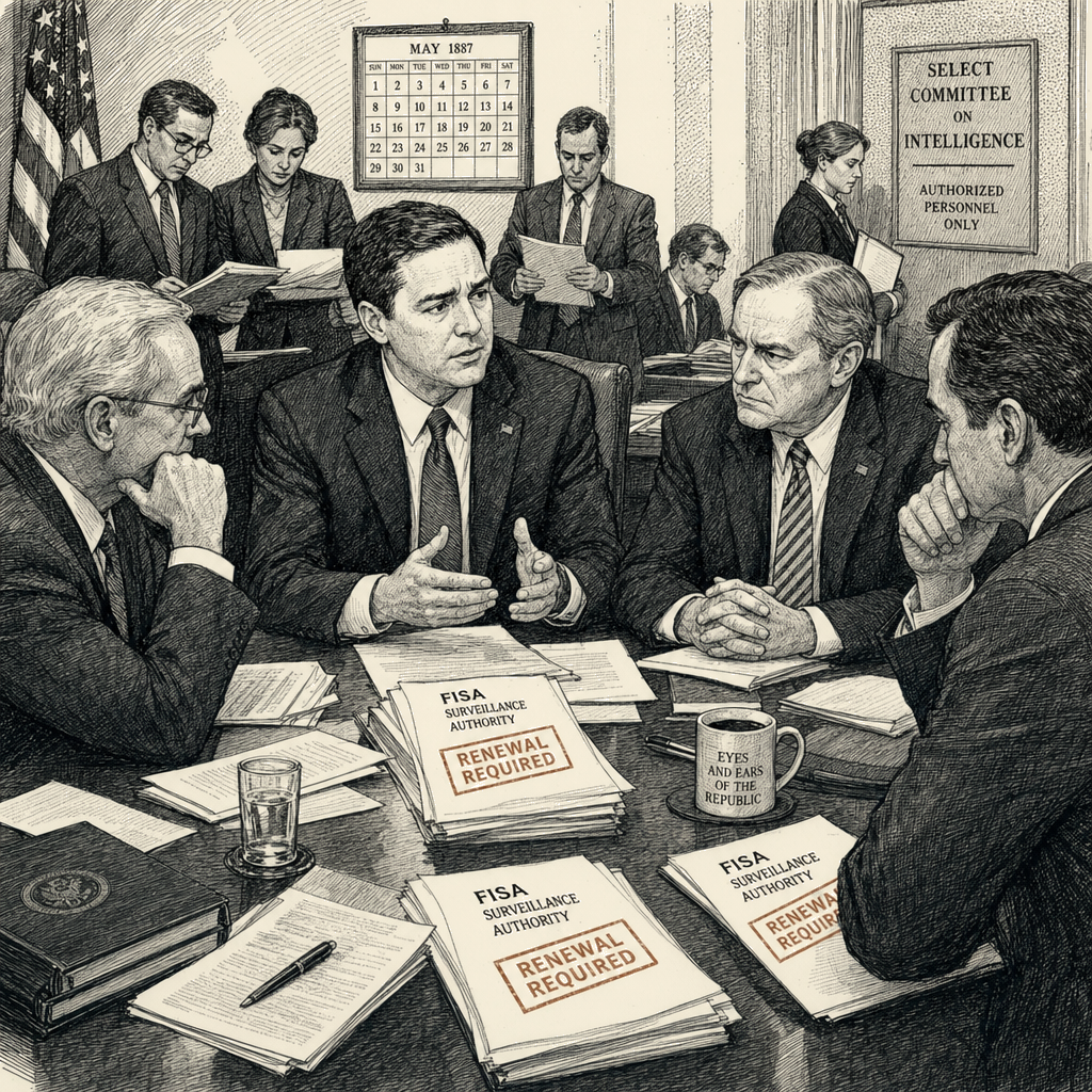 Illustration accompanying article: Trump's loyalist intelligence pick threatens FISA surveillance renewal
