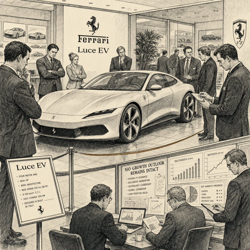 Illustration accompanying article: Ferrari Luce EV gets poor dealer reception; NIO growth outlook intact