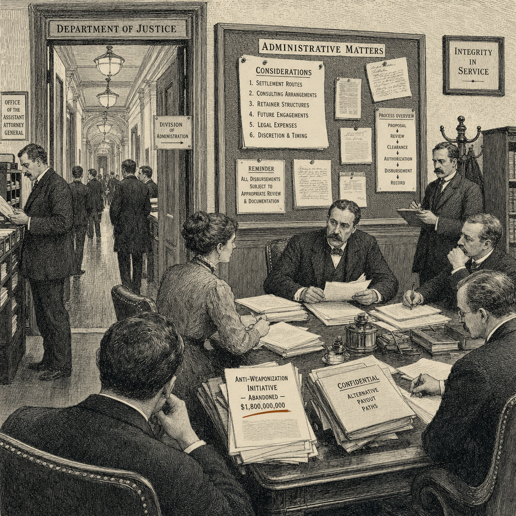 Illustration accompanying article: Justice Department Eyes Alternative Payout Paths for Trump Allies After