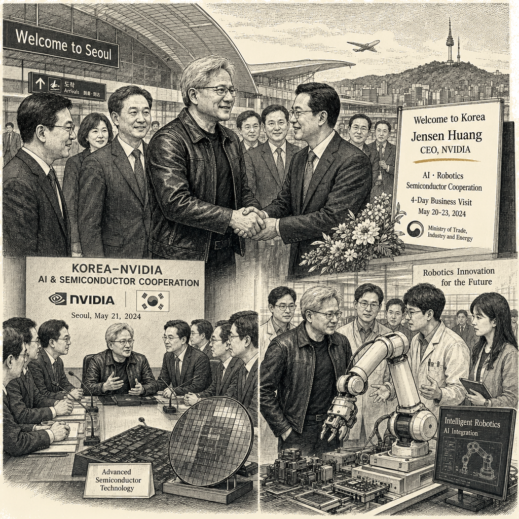 Illustration accompanying article: Nvidia CEO Jensen Huang to visit South Korea for AI, robotics talks