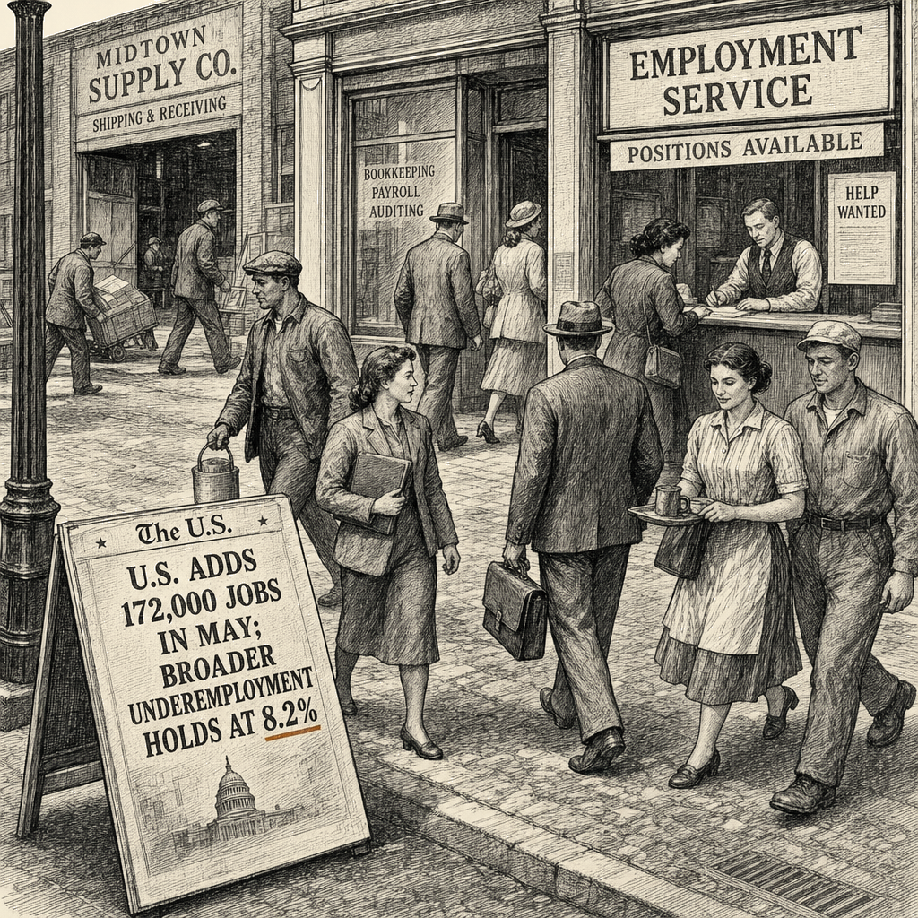 Illustration accompanying article: U.S. adds 172,000 jobs in May; broader underemployment holds at 8.2%