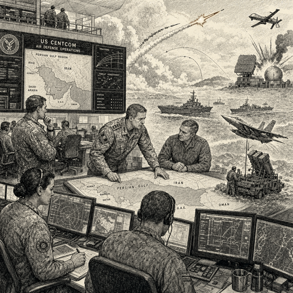Illustration accompanying article: U.S. military shoots down Iranian drones, missiles; strikes Gulf radar sites