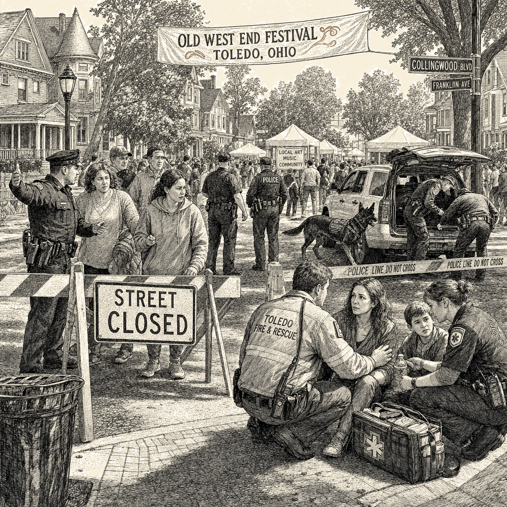 Illustration accompanying article: Multiple people shot near festival in Toledo, Ohio; suspect at large
