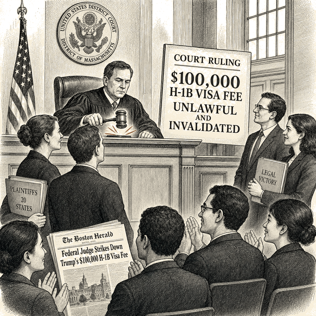 Illustration accompanying article: Federal judge strikes down Trump's $100,000 H-1B visa fee