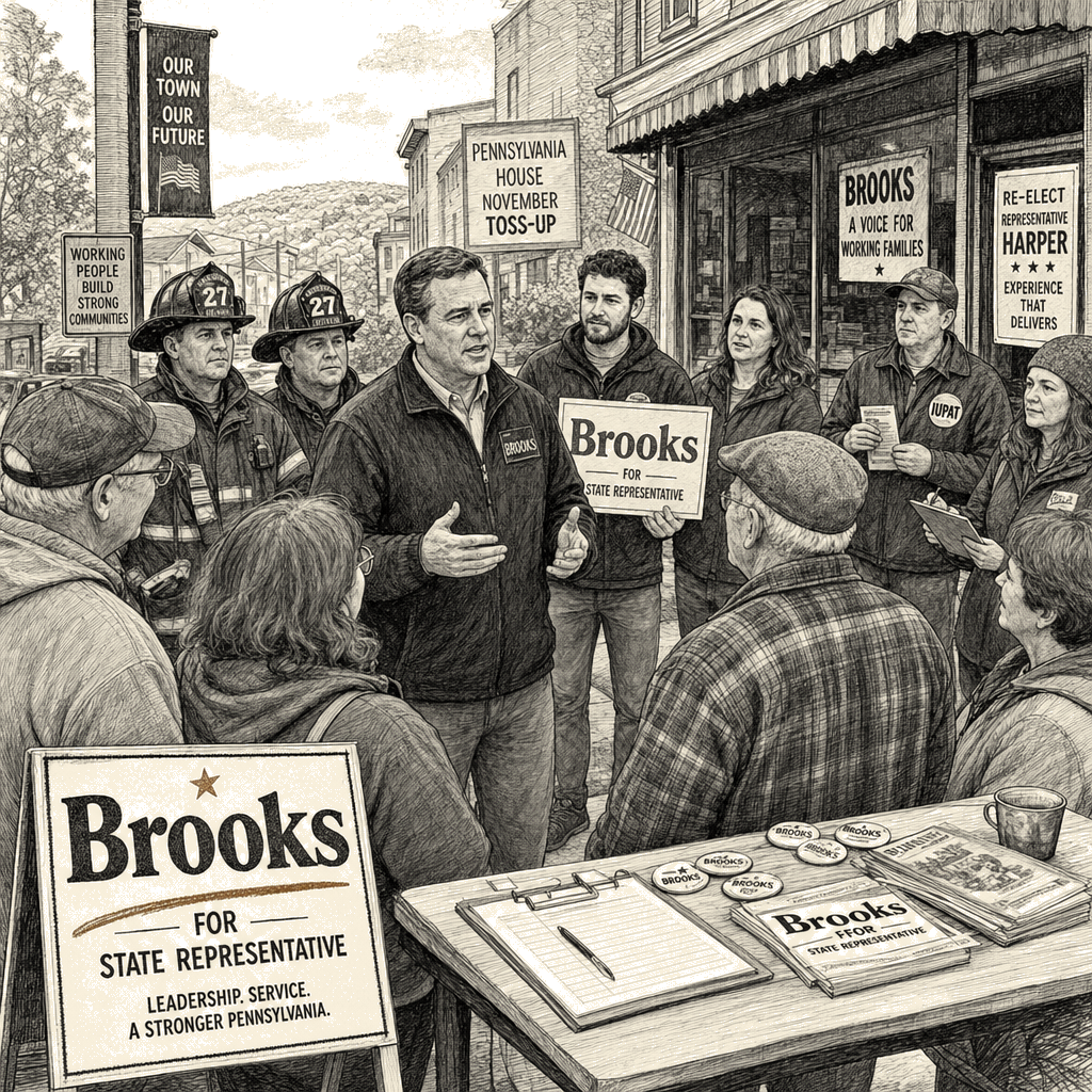 Illustration accompanying article: Firefighting union leader Bob Brooks targets Pennsylvania House seat in November toss-up