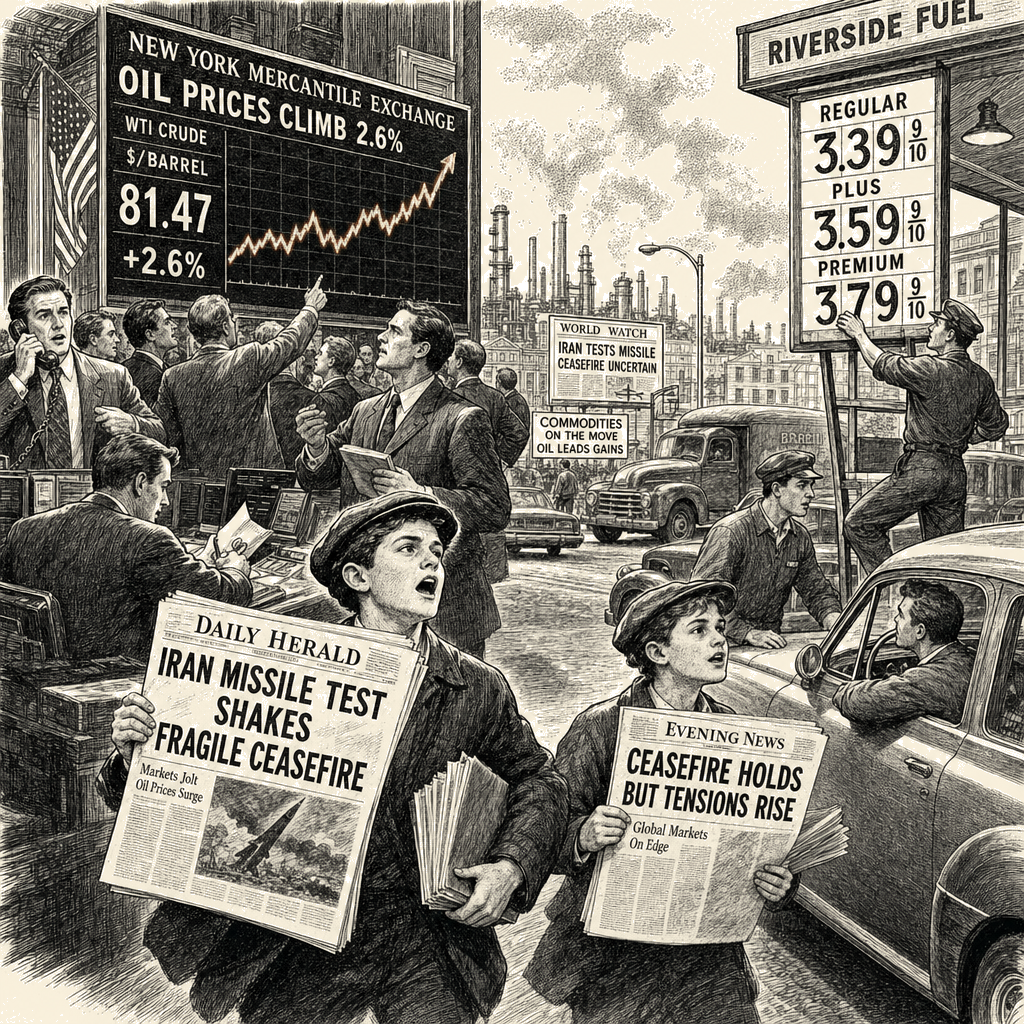 Illustration accompanying article: Oil prices climb 2.6% after Iran missiles test fragile ceasefire