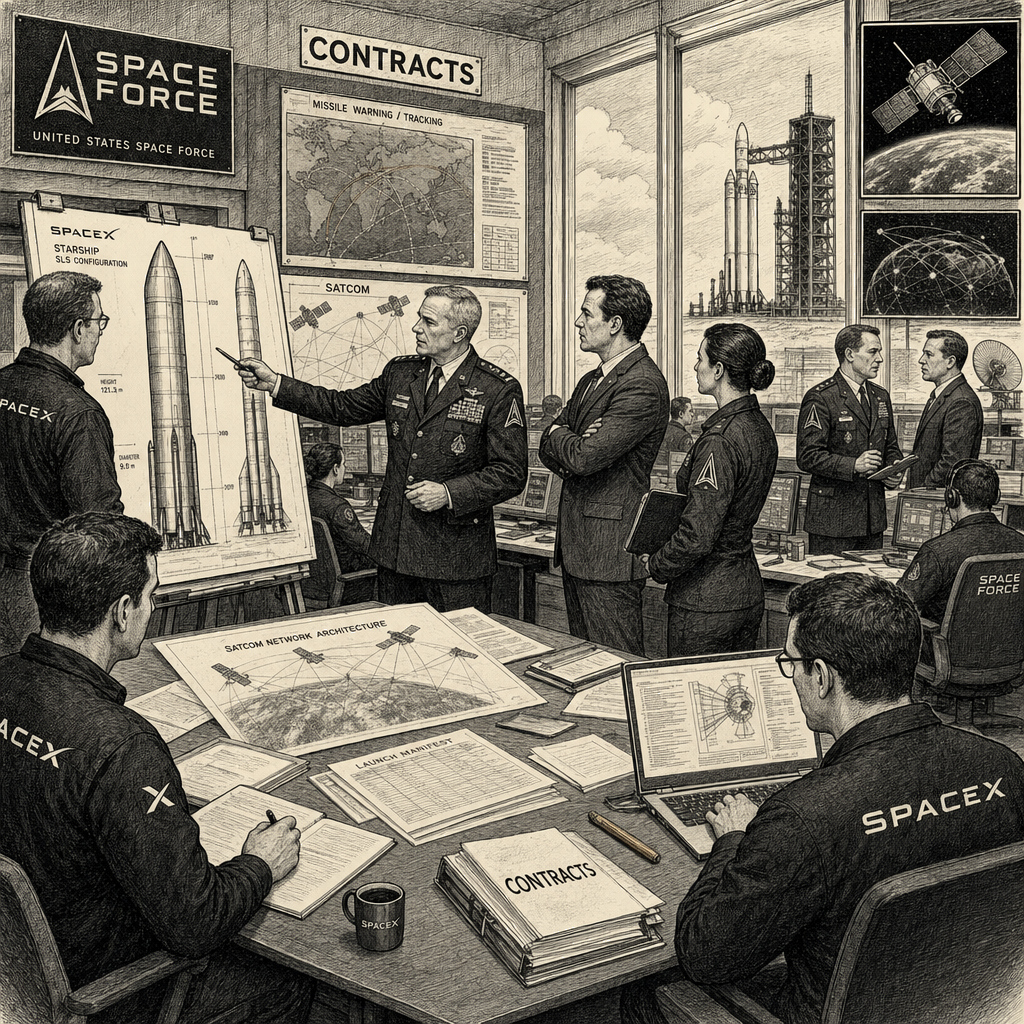 Illustration accompanying article: SpaceX deepens ties with Pentagon, wins multibillion-dollar Space Force contracts