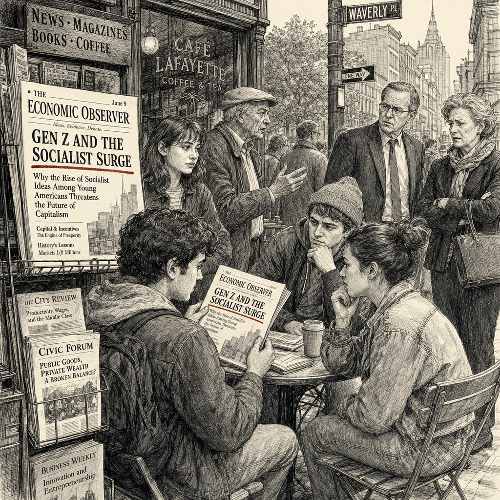 Illustration accompanying article: Economist editorial warns Gen Z socialism threatens capitalism