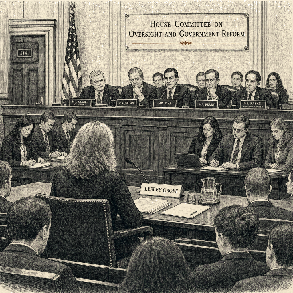 Illustration accompanying article: Epstein assistant Lesley Groff testifies before House panel