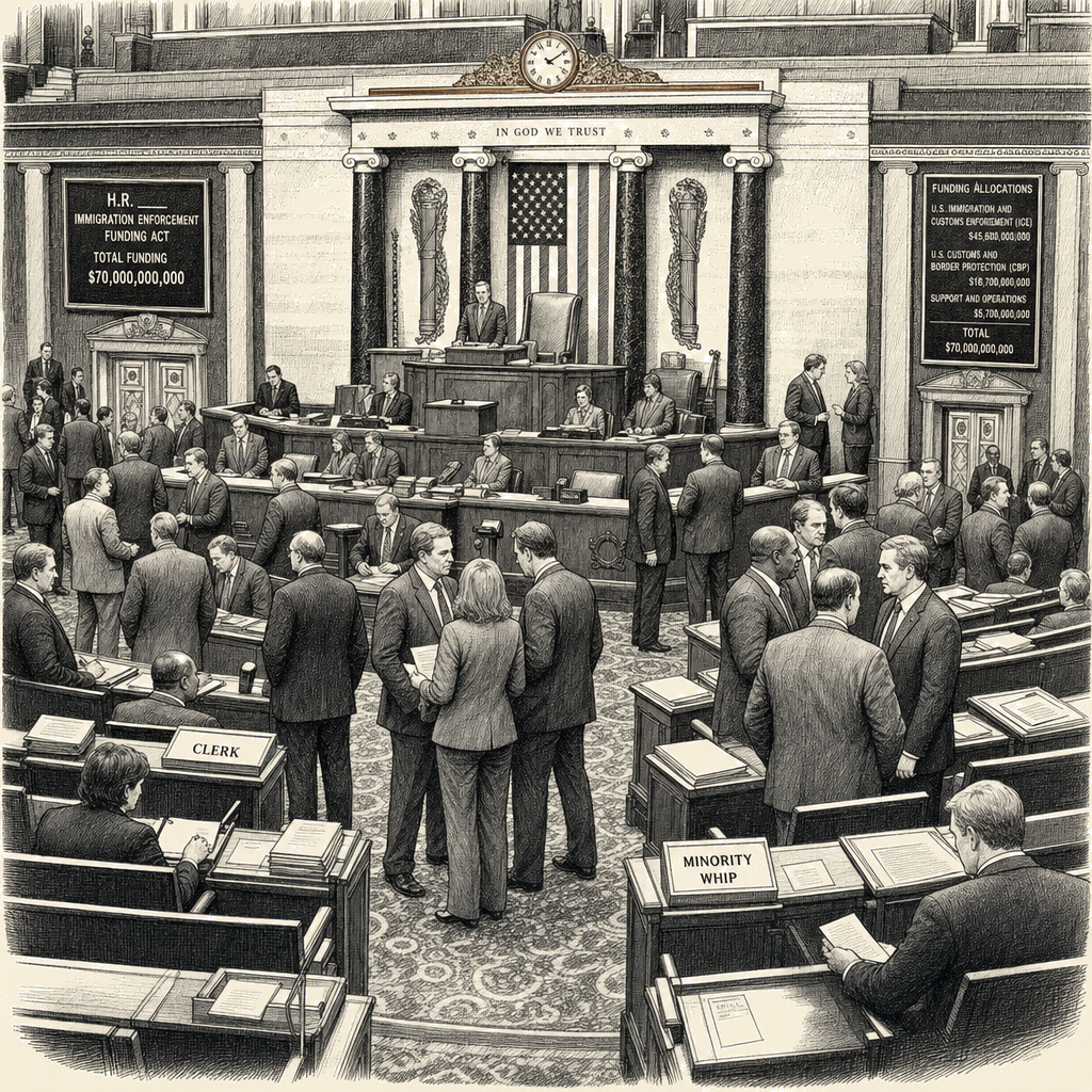 Illustration accompanying article: House set to vote on $70 billion immigration enforcement funding bill