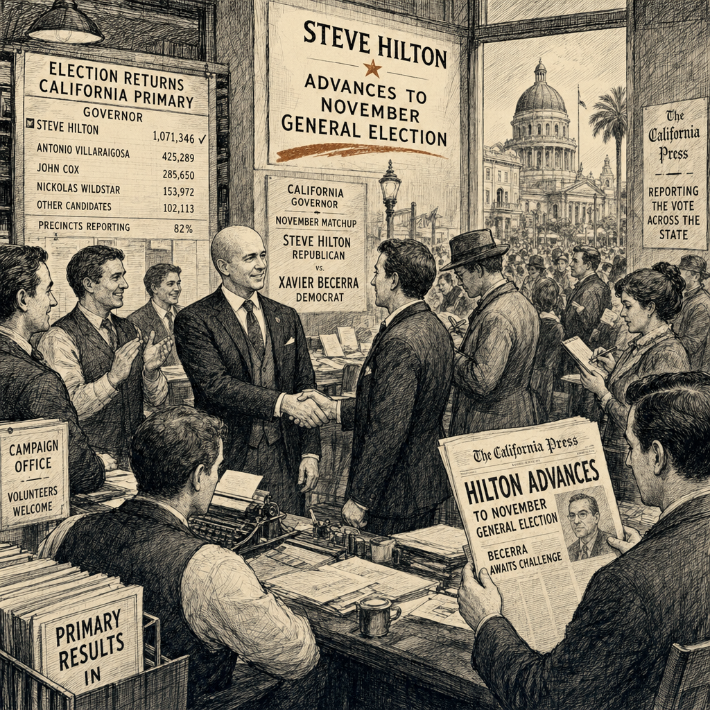 Illustration accompanying article: Republican Steve Hilton advances to general election for California governor